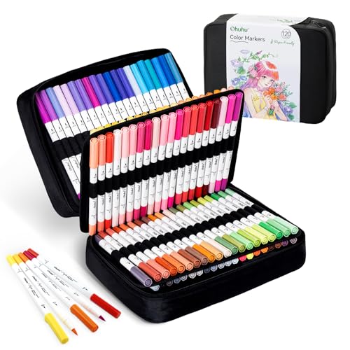Ohuhu 120 Farben Filzstifte - Papierfreundliche Marker auf Wasserbasis Doppelspitzige Filzstifte Set für Erwachsene Anfänger Kalligraphie Skizze Journal Geruchlos & Nicht Blutend