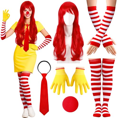Maiteenly 6 Pcs Halloween Fast Food Clown Costumes Accessories Includes Wig Gloves Red White Striped Stockings and Arm Sleeves Sponge Nose Adjustable Necktie Red Yellow Clown Outfits for Women Cosplay