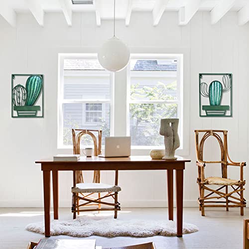 Liffy Metal Glass Cactus Wall Decor, Green Plant Cactus Wall Art Hanging Sculpture Modern Artwork For Office Home Living Room Bathroom Bedroom Kitchen Farmhouse Decoration, Set Of 2 #TOP7