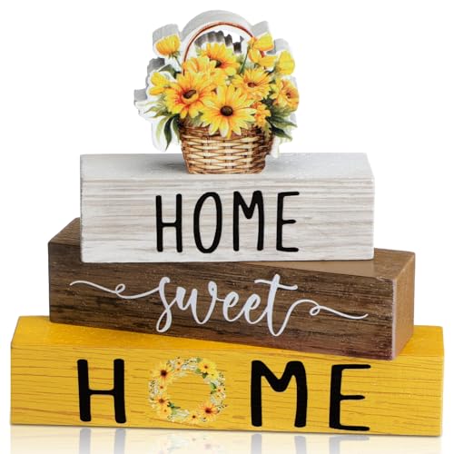 Cinnvoice 4 Pcs Farmhouse Wooden Tabletop Decor Yellow Daisy Spring Rustic Tiered Tray Decor Home Sweet Home Table Centerpiece for Centerpiece Table Decoration Housewarming Gifts