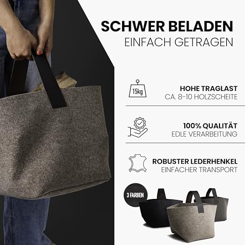 Designer Kaminholzkorb Filz aus Premium Wollfilz [40L] - Made in Germany Holzkorb für Kaminholz mit Echtlederhenkel - Feuerholzkorb standfest und stabil (Anthrazit - 40L)