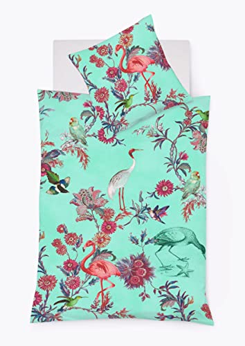 fleuresse Mako-Satin Bettwäsche 135x200 Flamingo Vögel Tropik türkis 023513-19