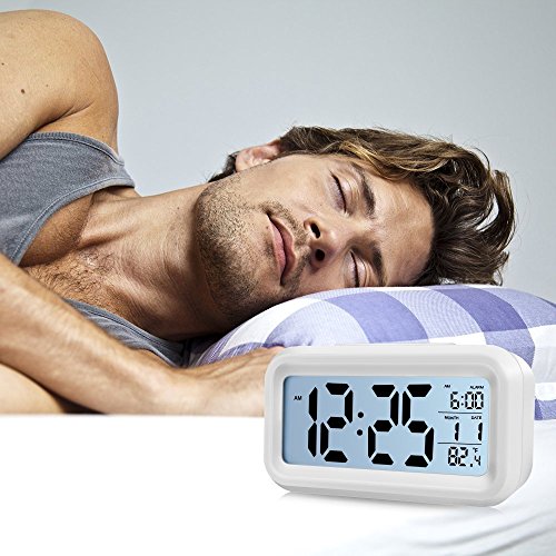 sin&mi - Alarm Clock Large LED Display Digital Alarm Clock Snooze Activated Night Light Features White