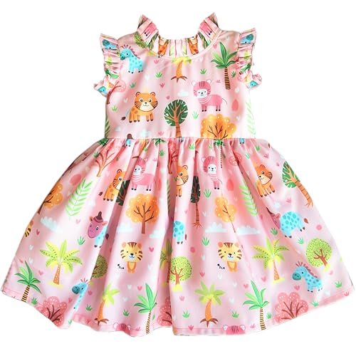 Image of Stanwells Kids Baby Girls Off-White Animal Print Cotton Rayon Knee-Length Frock | Sleeveless Summer Dress with Lion Print & Flared Back Zipper (6 Months-7 Years)
