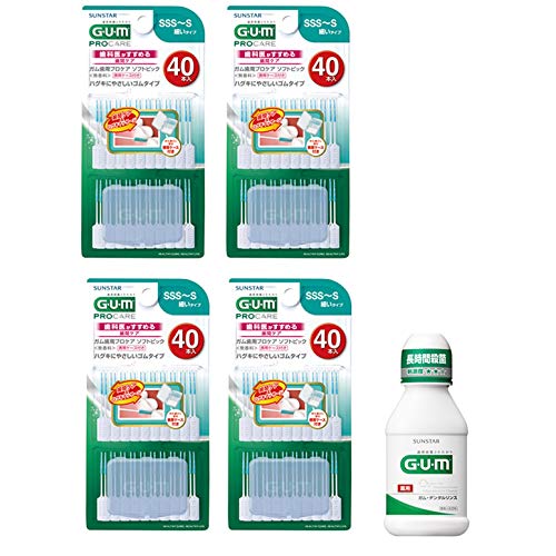 GUM(ガム) 歯周プロケア ソフトピック 40P 歯間ブラシ ゴムタイプ [サイズ:SSS~S] 4個パック+おまけつき