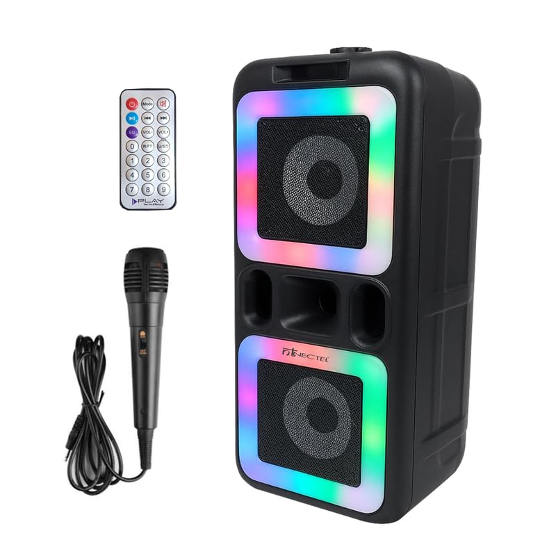 Image of 50W Portable Multimedia Bluetooth Party Speaker with Dual 4 inch Drivers, RGB Lights, FM /USB /TF /AUX, Mic Input + Remote, Built‑in Battery for Party use (3H Playtime)