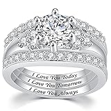 Platinum Plated Three-in-One Wedding Engagement Statement Proposal Valentines Halo Bridal Ring Set (Silver, 12)