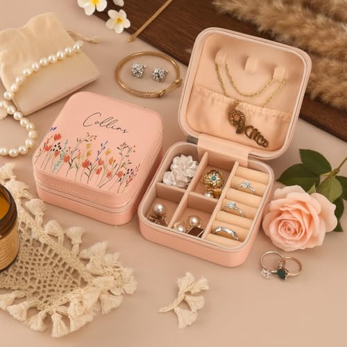 Image of PRIMIT Personalized Jewelry Box with Name & Birth Flower - Custom Travel Jewelry Organizer Case - Bridesmaid, Birthday, Christmas Gift for Women & Girls (Mint)