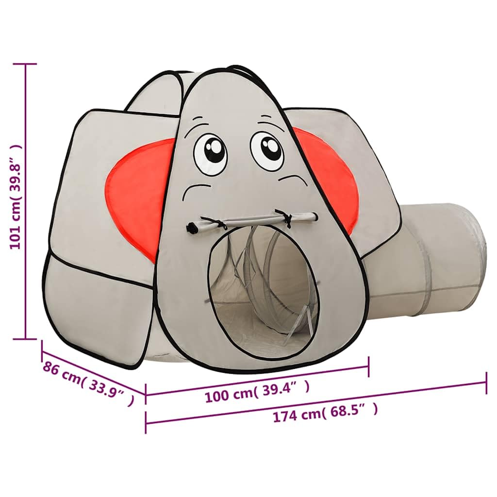 Spielzelt Elefanten-Form mit 250 Bällen, 174x86x101 cm, Grau Polyester, inkl. Spieltunnel und Tragetasche, Kinderzimmer und Garten, Krabbeltunnel für drinnen und draußen