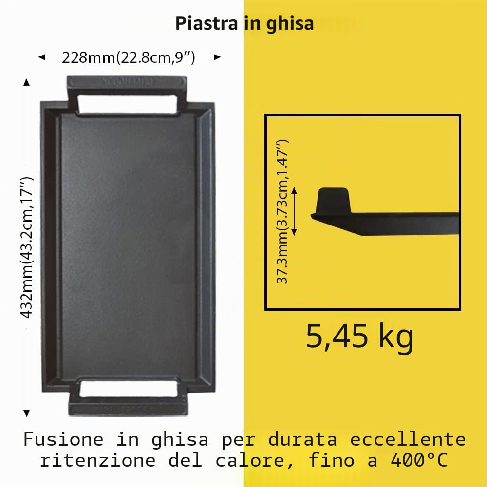 Padella per Grigliare in Ghisa, Padella per Grigliare, Griglia Rettangolare, Piastra Piatta 43 x 23 cm per Piano Cottura a Induzione, Fuoco Aperto, Forno, Piano Cottura Elettrico