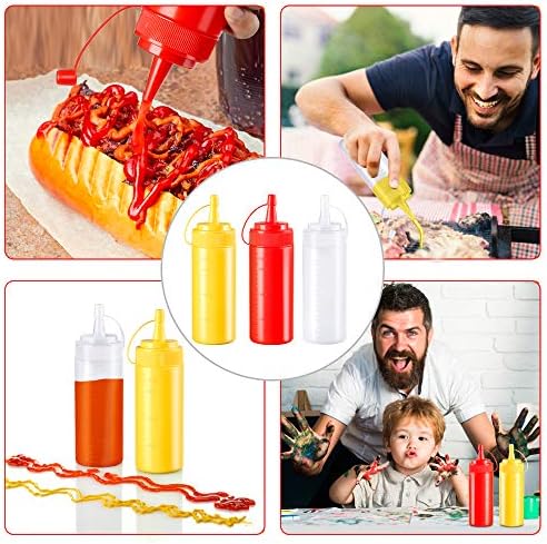 5PCS Squeeze Bottles + Stickers Sauce Bottles with Caps Plastic Condiment Bottles for Kitchen Multi Purpose Bottle Dispenser for Ketchup,Barbecue Sauce,Olive Oil,Paint 200ml