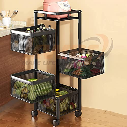 Image of KWER Metal Kitchen Trolley, Portable Square Storage Baskets Organizer with Wheels for Onion, Kitchen Accessories Items & Vegetable, Black, Layer-2