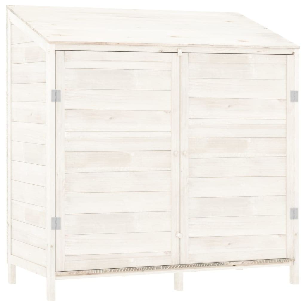 Szczyt ogrodowy z litego drewna jodłowego w kolorze białym, 102x52x112 cm, duża przestrzeń do przechowywania narzędzi ogrodowych i sprzętu zewnętrznego, solidna i stabilna rama