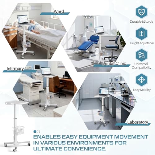 Image of 15.8 inch x 15.2 inch Medical Laptop Workstation Trolley Cart with Wheels Height Adjustable Medical Cart with Storage Basket Load for Dental Clinic, Home Office, Salon Hospital, Lab Use (Heavy Duty)