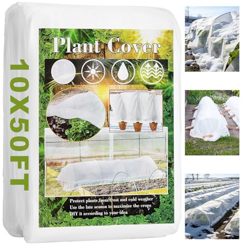 WiMas Plant Covers Freeze Protection, 10X50FT Reusable Thickened Winter Floating Row Covers, Frost Cloth Blanket Shade Cloth Garden Fabric Plant Cover for Raised Beds Vegetables Insect Winter Frost