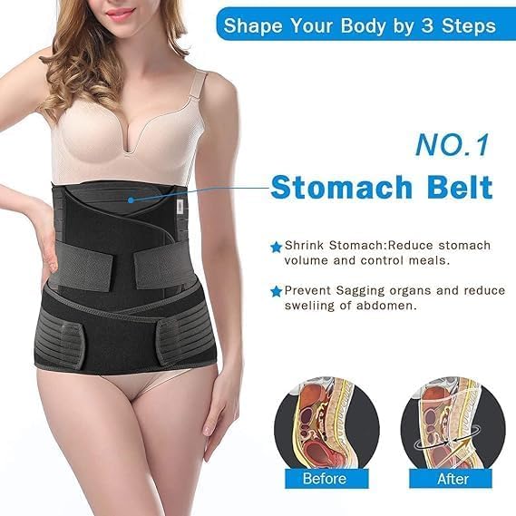 Image of Amazon Brand - Solimo 3-In-1 Postpartum Belly Band Post Pregnancy Abdominal Belt After Delivery Waist & Pelvis Slimming Shapewear Tummy Reduction (Free Size) (Black)