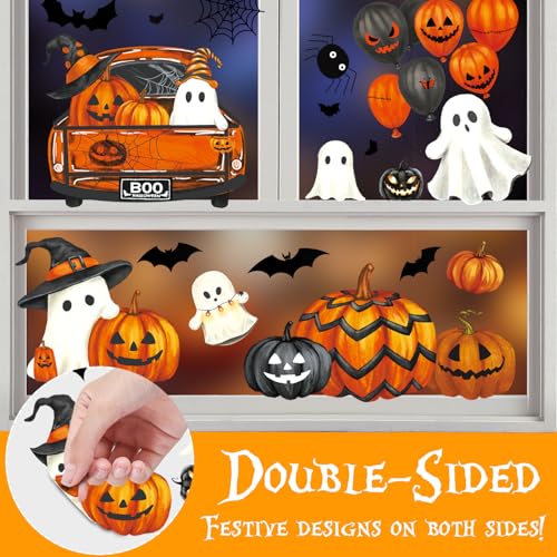 Image of Halloween Window Clings, Ghost Halloween Decorations Indoor Home Room Decor | 8 Sheets Large Window Stickers for Glass Windows & Doors Pumpkin Fall Window Clings Holiday Decals for Office Classroom Party