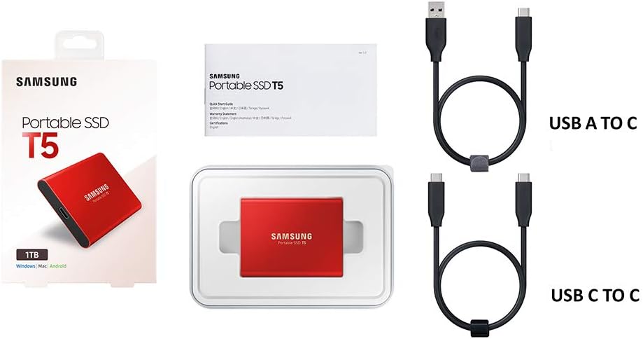 Samsung T5 Portable SSD 1TB - USB 3.1 External Solid State Drive with V-NAND Flash Memory Technology (MU-PA1T0R/WW) - Metallic Red