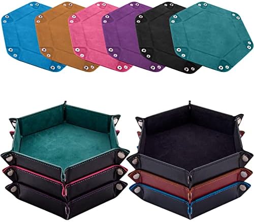 SIQUK 6 Pieces Dice Tray Hexagon Dice Rolling Holder PU Leather Folding Dice Trays for Dice Games Like RPG, DND and Other Table Games(Violet, Red, Royal Blue, Black, Camel, Grey)