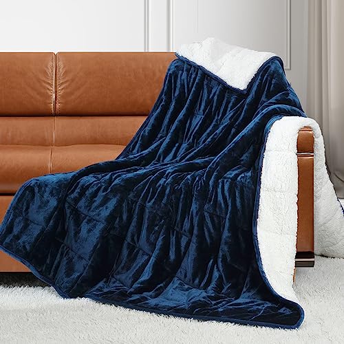 Image of Alomidds Weighted Blanket Twin Size 15lbs 48x72 inches, Sherpa Weighted Blankets for Adults,Fluffy Warm Sherpa & Cozy Soft Flannel Snuggle Thick Heavy Blanket Great for Calming and Relax, Navy