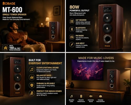 Image of OBAGE MT-600 Single Tower Speaker | 80W Output, 6.5 inch Woofer, Bluetooth, FM & AUX, Clear Sound with Balanced Bass, For Music, TV & Everyday Entertainment