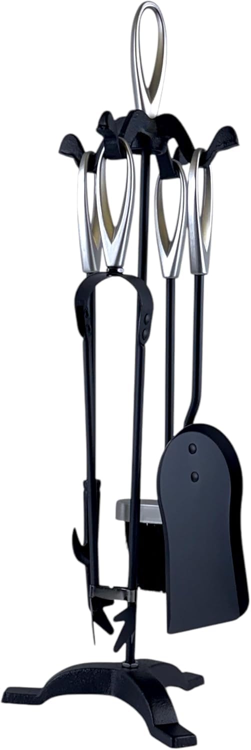 5 Pieces Companion 24" Set Fireside Fire Tools Fireplace & Accessories Black and Brass Stand Tongs Shovel Brush Chimney Poker (Black&Silver Brass/Nickel)