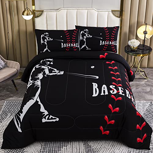 MWMWMW Boys Full Comforter Set, Black Sports Theme Baseball Bedding Set for Kids Girls, 3 PCs Ultra Soft Microfiber Baseball Comforter with 2 Matching Pillowcase