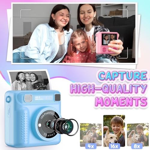 كاميرا للاطفال بطباعة فورية، كاميرا محمولة مع بطاقة 32G وفيديو 1080p، ورق طباعة، كاميرا طباعة فورية مع اقلام ملونة للاعمال اليدوية، اكثر من 3 سنوات، هدايا عيد ميلاد للاولاد والبنات (ازرق)