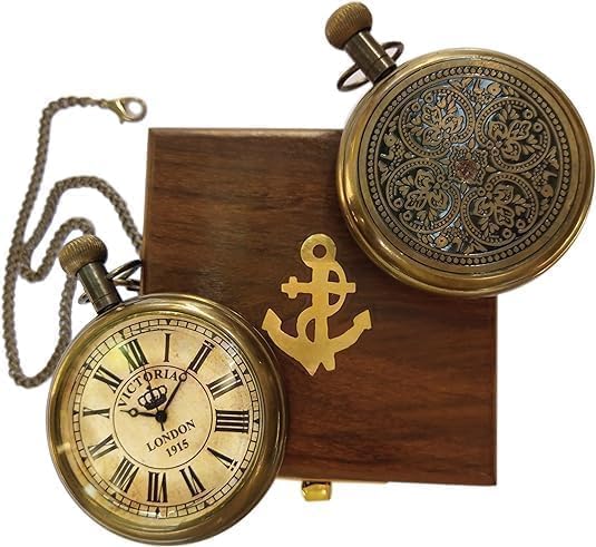 1915 Victoria London Vintage Pocket Watch - Antique Brass Pocket Watch & Chain with Rosewood Wooden Box Personalized Engraved Pocket Watch for Men/Son Baptism, Graduation Day Gift for Men