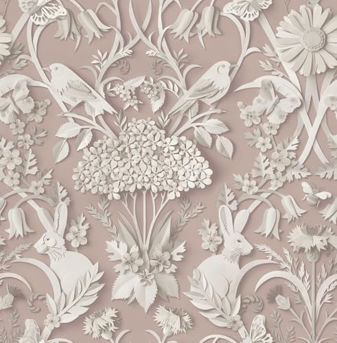Fine Decor Dimensions Woodland 3D Effect Design Cute Animals, Rabbits, Bees, Birds and Leafs in a Soft Light and Pink Tone Wallpaper Perfect for Nursery, Kids Bedroom and Feature Walls (FD43607)