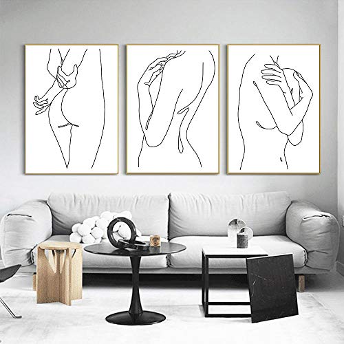 SANZH Nude Woman Body Art Painting Sexy Girl Line Drawing Canvas Painting Minimalist Wall Art Prints Nordic Bedroom Decorative Picture-40X50Cmx3 No Frame