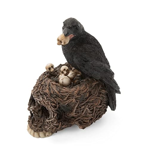 Basuo-9Q RAVEN On Skull Nest Figurine, Home Décor Gothic Crow Statue, Bird Perching On Skeleton Statues, Collectible Macabre Ossuary Sculpture cover