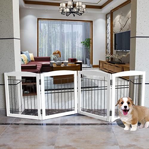 ZJSF Freestanding Foldable Dog Gate for House Extra Wide Wooden White Puppy Gate Stairs Dog Gates Doorways Tall Pet Gate 4 Panels Fence 80‘’W x 24''H