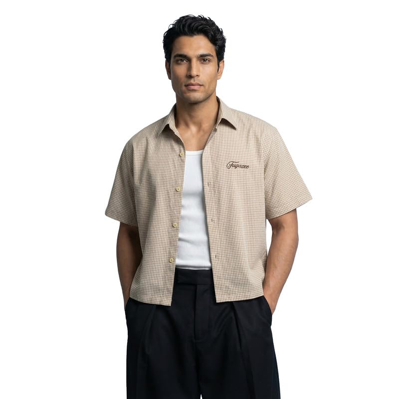 Image of FUGAZEE Sand Cotton Gingham Cropped Short Sleeve Shirt