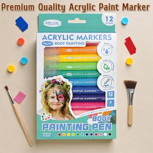 Image of Body Painting Acrylic Markers Set for Rock, Glass, Paper & Wood | Non-Toxic, Water-Based Bright Temporary Tattoo Art Pen | Colorful Skin Face Paint Kit for Teen Girls and Boys (Pack of 12)