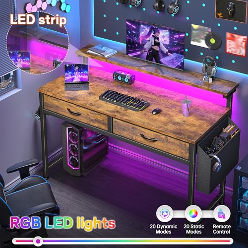 Image of Gaming Desk with LED Lights & 2 Fabric Drawers, 39.4Inch Home Office Computer Desk with Side Pocket & Ergonomic Monitor Stand, Small Space Study Writing Table with Anti-Tip Design, Rustic Brown