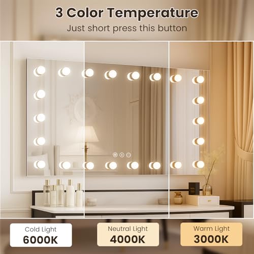 Image of WTTY 60 inchx30 inch Hollywood Vanity Mirror with Lights, Wall-Mounted Makeup Mirror with 3 Color Temperatures, Stepless Dimmable Bulbs, Anti-Fog & Shatter-Proof