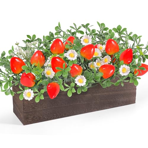Strawberry Table Centerpieces Rustic Artificial Floral Arrangements Wooden Crate, Wooden Planter with Fake Strawberry Daisy Leaves Plants for Spring Summer Tiered Tray Shelf Table Home Farmhouse Decor