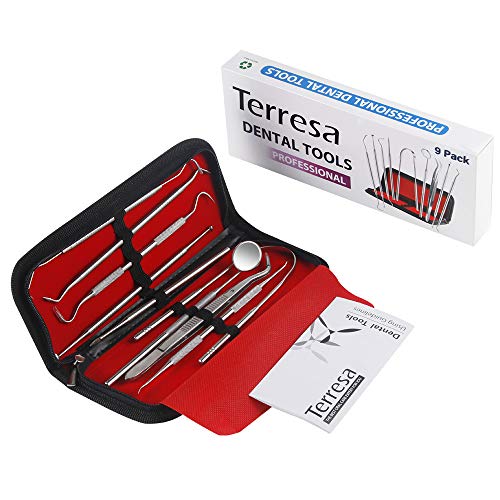 Dental Tools, Terresa 9 Pack Dental Pick Stainless Steel Dental Scaler Hygiene Kit, Dental Scraper and Mouth Mirror, Teeth Cleaning Tool for Dentist, Home & Pet Oral Care Set with Leather Case