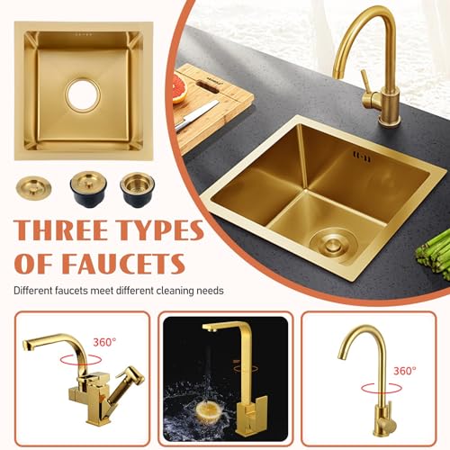 Fregadero de cocina una sola ranura de acero inoxidable cuadrado dorado con tubo de drenaje 36x36cm 3