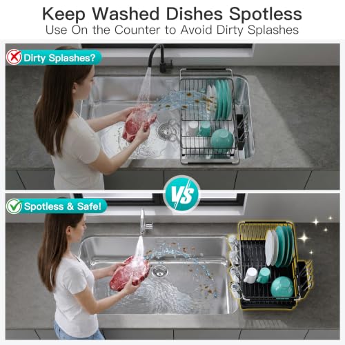 Image of JASIWAY Black Dish Drying Rack in Sink with Drainboard and Utensil Holder