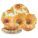 UPware 16 Piece Sunflower Melamine Dinnerware Sets, Outdoor Dishes Set, Plates and Bowls Sets, Service for 4, Yellow
