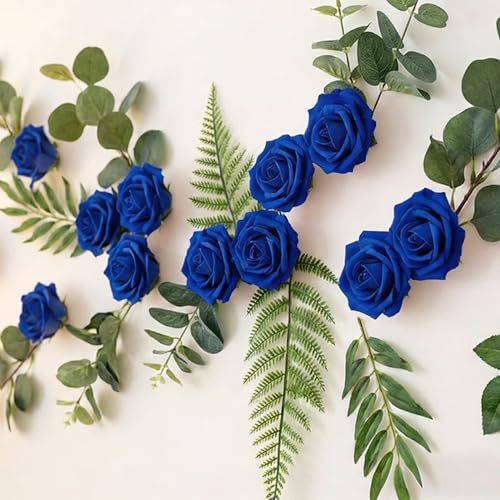 Image of 100Pcs Real Looking Royal Blue with Diamonds Artificial Rose Flower Heads, Foam Fake Roses for DIY Wedding Decorations Baby Shower Centerpieces Home Party Valentine's Day Mother's Day Decor