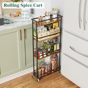 Giwil Slim Storage Cart 4 Tier Narrow Kitchen Rolling Cart on Wheels for Small Space, Mobile Spice Rack Seasoning Organizer Utility Serving Cart for Kitchen Bathroom Laundry, Brown Giwil Slim Storage Cart 4 Tier Narrow Kitchen Rolling Cart on Wheels for Small Space Mobile Spice Rack Seasoning Organizer Utility Serving Cart for Kitchen Bathroom Laundry Brown