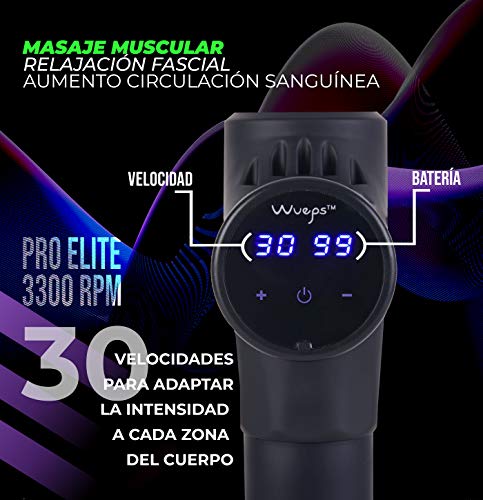 Wueps-Pistola-Masaje-Muscular-de-Tejido-Profundo-Masajeador-ProElite-Carbono-3300-Golpes-Por-Minuto-y-8-cabezales-Alivio-de-Dolores-musculares-espalda-Uso-idoneo-para-Deportistas-Masajistas