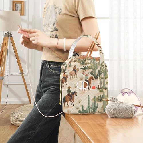 Image of ElliTarr Crochet Bag Yarn Bag with Handle Portable Knitting Project Bag Travel Yarn Storage Organizer Holder Case Cowboys Horses Cactus Desert Beige