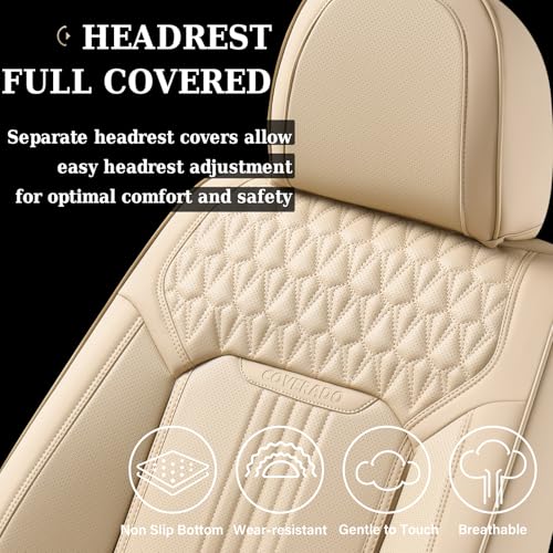 Image of Coverado Seat Covers Full Set, Leather Car Seat Cover, Waterproof Car Seat Protector, Automotive Seat Covers Car Seat Cushion Universal Fit for Most Cars, Beige