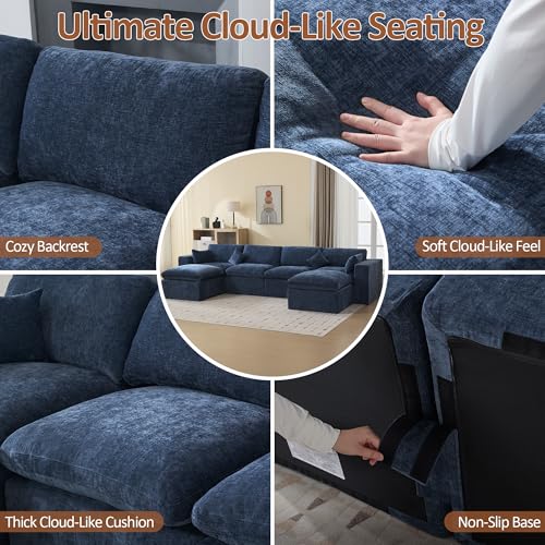 Image of 146''Cloud Boneless Sectional Couch, Modular Sectional Sofa Deep Seat with 2 Ottomans, Oversized Upholstered Convertible Comfy 6 Seater Chenille Sofa U Shape Couches for Living Room, Navy