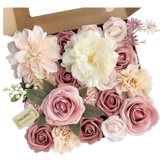 FACINOC Roses Artificial Flowers Pink Bouquets Box Set for DIY Bridal Wedding Shower Decorations Fake Floral Arrangements for Party Table Centerpieces Home Decor Indoor Outdoor Dusty Blush 19pcs