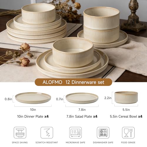 Image of Stoneware Dinnerware Sets, Plates and Bowls Sets for 4, 12-Piece Ribbed Dishes - Chip & Scratch Resistant, Microwave and Dishwasher Safe Tableware, Beige